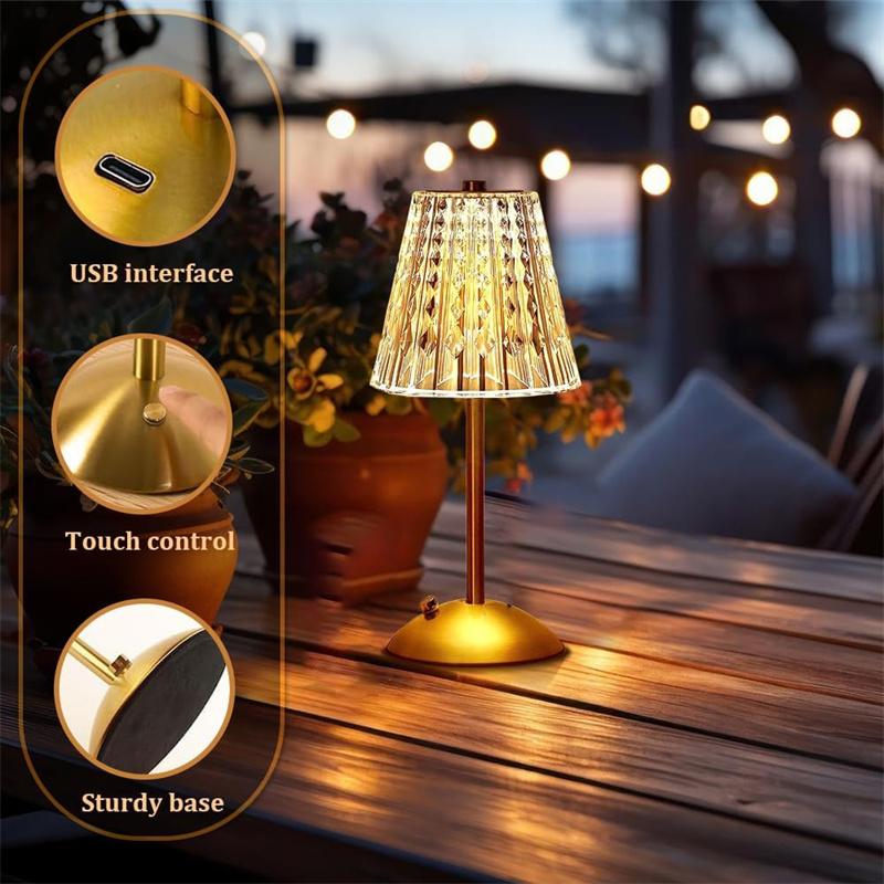 Cordless Table Lamp Dimmable Crystal Table Lamp 3 Colors LED Gold Lamp Portable Lamp Vintage  Rechargeable Touch Lamp for room