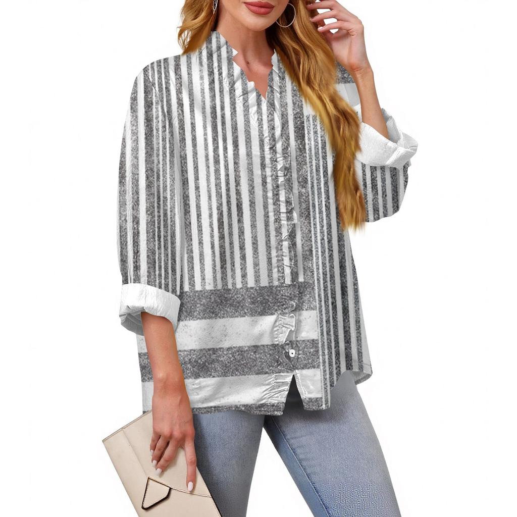 Women's Loose Ruffled Retro Floral Print Stand Collar Long Sleeve Cotton And Linen Top