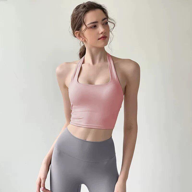 

2026 New European and American Style Sexy Halter Neck Women s Push-Up Running Fitness Bra Outerwear Waist-Cinching Yoga Tank Top M Light Pink New Color