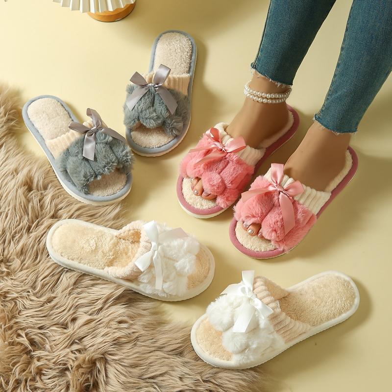 Autumn Winter Women Fashion Indoor Plush Bow Slippers Females New Lovely Bowknot Slides Men Home Cute Warm Fluffy Light Sandals