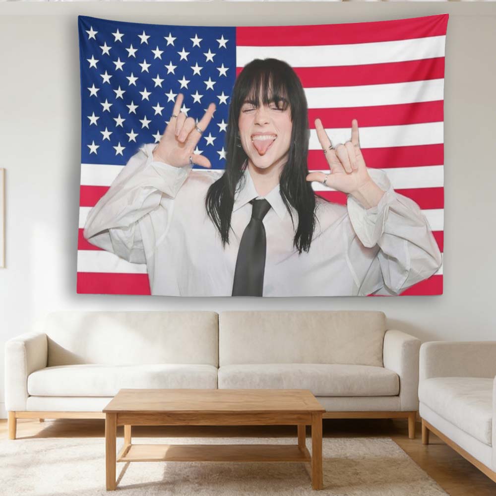 1pc Billie EEilish Themed Pink White Flag Wall Tapestry Patriotic Wall Hanging Art for Bedroom Living Room Dorm Decor