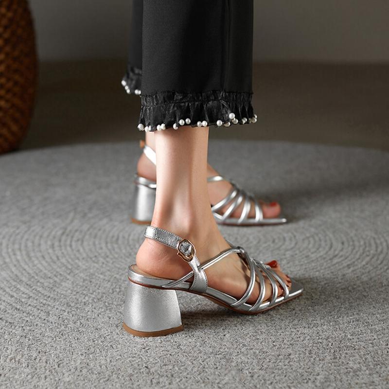 Fashion Summer Women Sandals Concise Square Toe Chunky Heel Women Shoes High Heel Genuine Leather Shoes Golden Weave Sandals for Women
