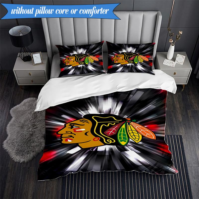3PCS Chicago-Blackhawks Logo Bedding Set,Including 1pc Duvet Cover And 2pcs Pillowcases Perfect for Bedroom, Dormitory, Fan Christmas Gift