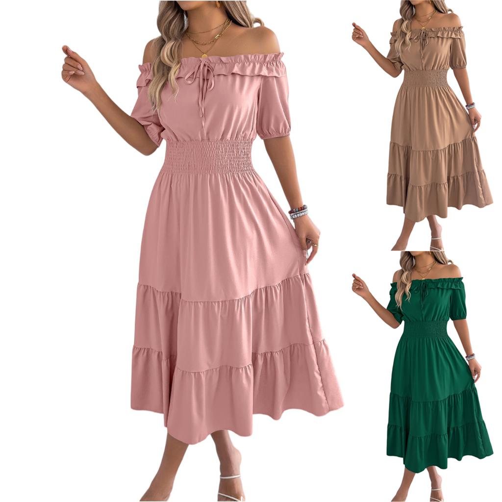 Women's Fashionable Casual Color Off Shoulder Black Fungus Edge Short Sleeved Pleated Waist Dress