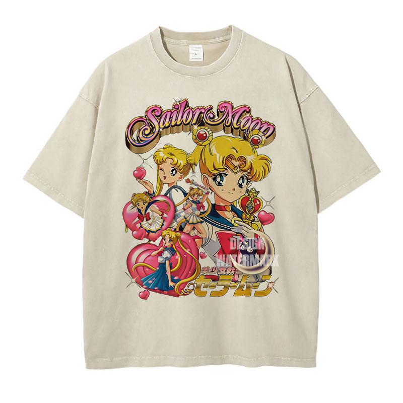 Tsukino Usagi T Shirts Vintage Washed Anime SSailor MMoon Oversized Tshirts Manga Chibiusa Short Sleeve Girl Tops Tees Women