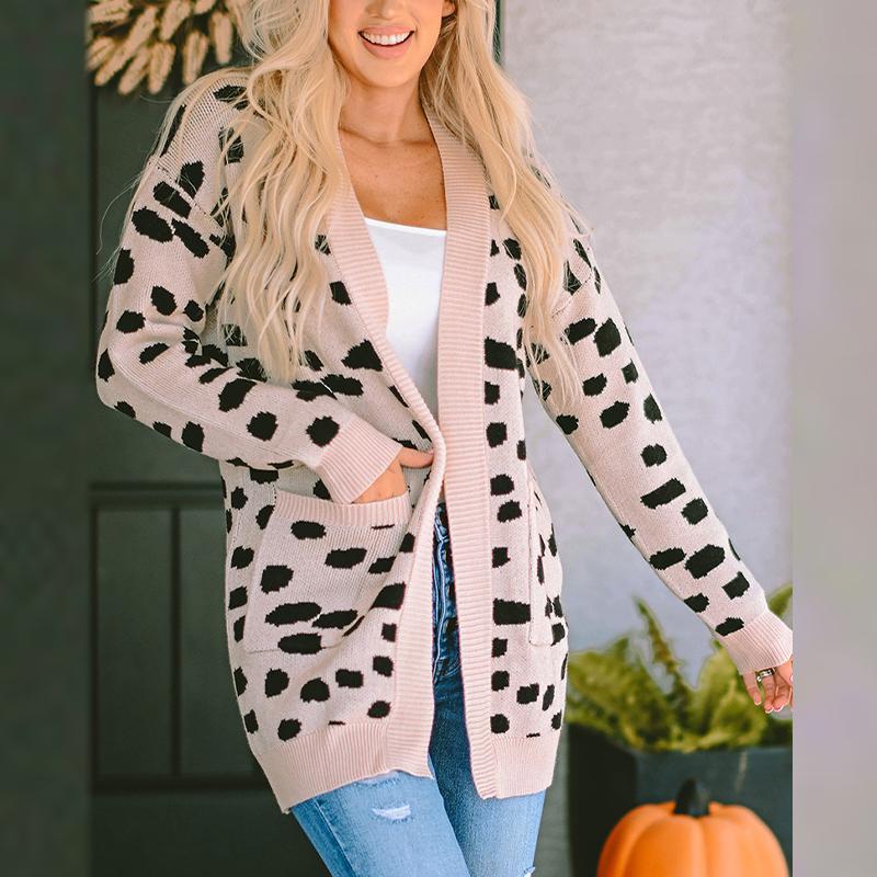 Strickjacke mit Leopardenmuster, lässiges mittellanges Langarm-Top für Damen