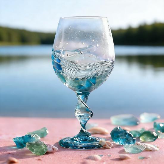 Spiral Cup Handle Wine Glass with Gradient Blue-Green Tone Unique Wave Texture Design Handheld Spiral Wine Cup