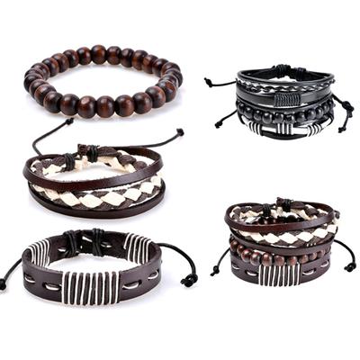 3 Pezzi Bracciali Rigidi Intrecciati Retro con Perline di Legno e Ecopelle Gioielli da Uomo