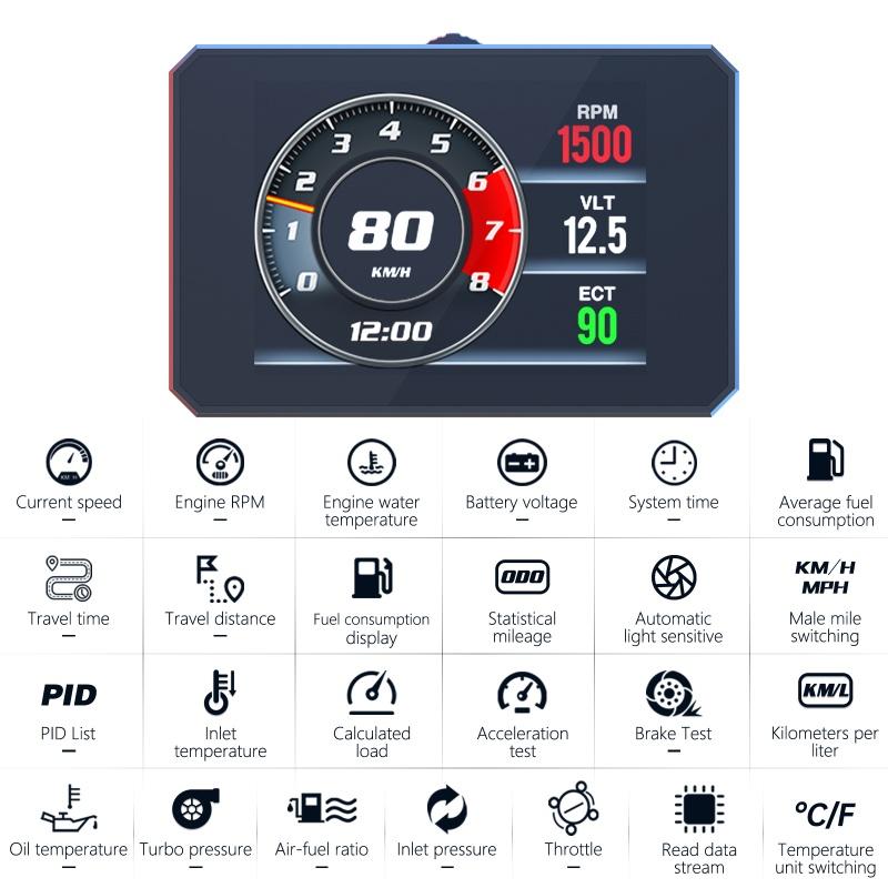 P16 Car Hud Obd2 Lcd Meter Head Up Display Speedometer Kmh,Mph Tachometer Water Temp Fuel Consumption Turbo Pressure