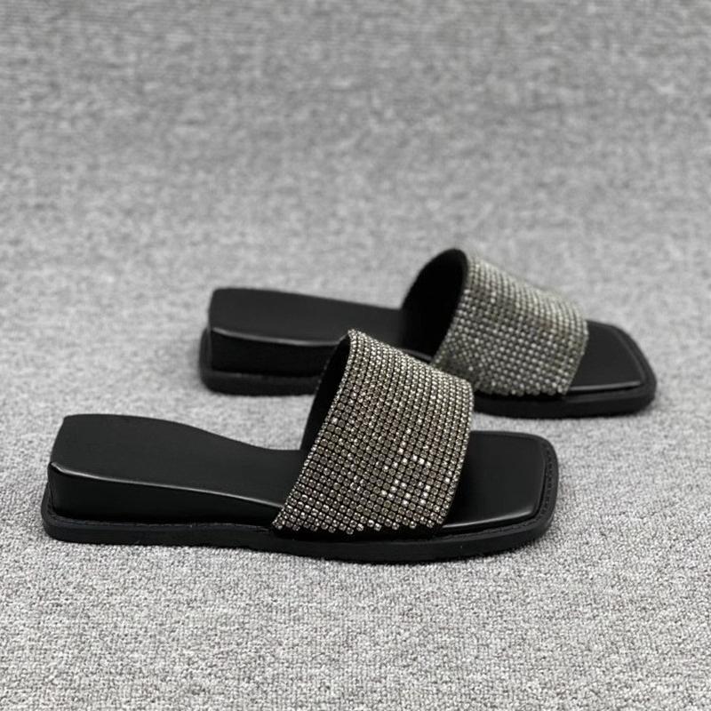 Women Summer Outer Wear Summer Open Toe Casual Flat Low Heel Fashion Square Toe Rhinestone Going Out Slippers Women
