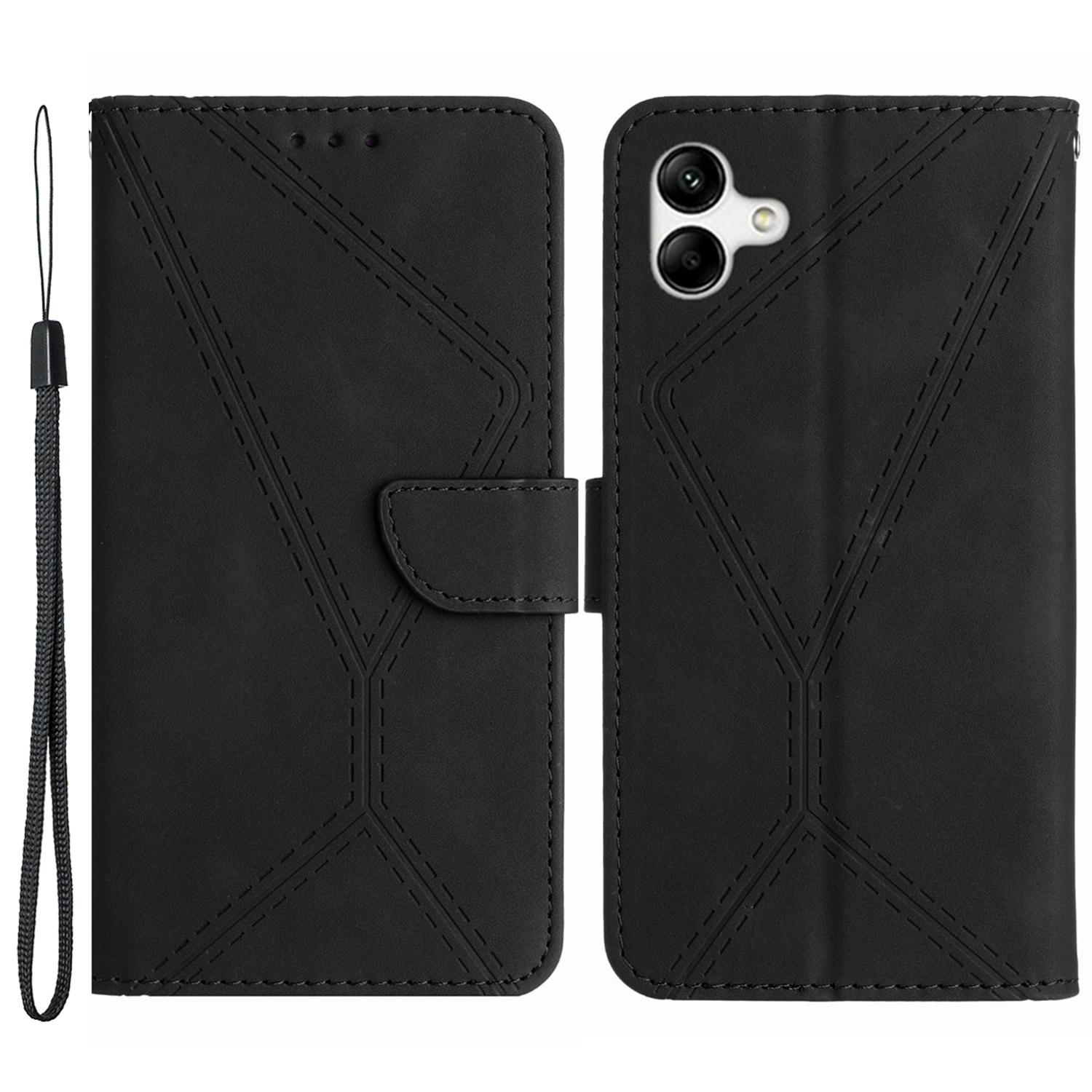 

HT05 Imprinted Line Phone Case for Samsung Galaxy A04e 4G/M04 4G/F04 4G Wallet Stand Skin-touch PU Leather Cover Black