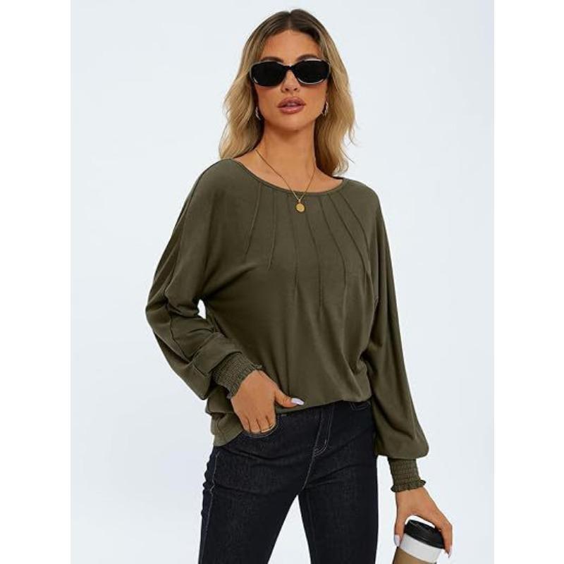 Autumn and Winter Women's Blouse Round Neck Pleated Long Sleeve Casual Tops