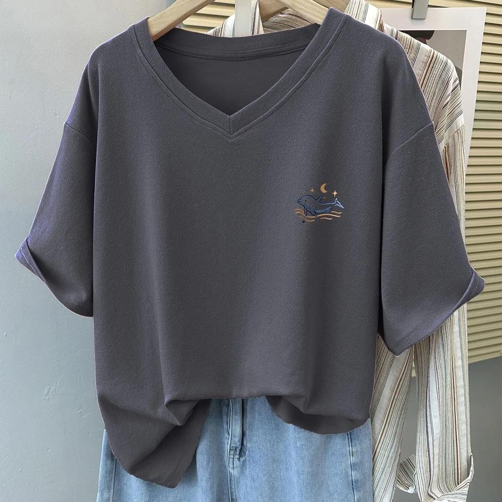Camiseta Feminina de Verão com Manga Curta e Ombro Normal, Corte Solto, Tamanho Plus Size, Top Elegante com Decote em V e Design que Cobre a Barriga
