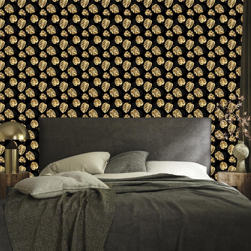 Black and Gold Tropical Pattern Wallpaper In Black, Ochre and Gold 50x1000