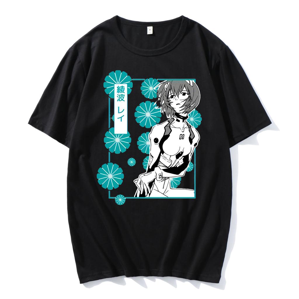 100% Cotton Anime Harajuku Ayanami Rei Printing Tshirt MenMomen Oversized Short Sleeve T-shirt Spring Summer Tops
