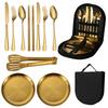 Outdoor stainless steel tableware set, portable travel camping 10-piece set, barbecue plate, food clip, knife, fork, spoon.