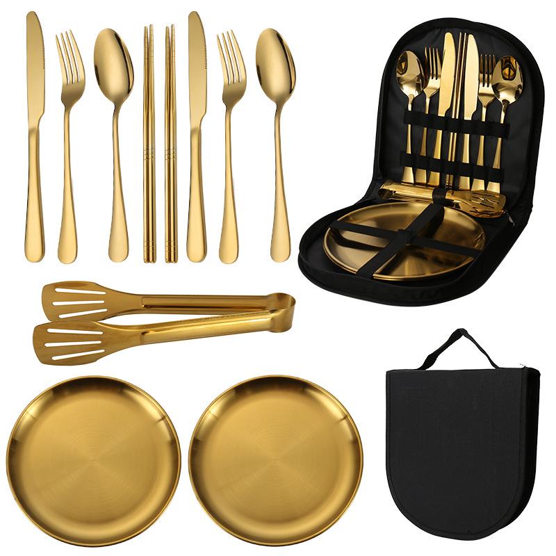 Outdoor stainless steel tableware set, portable travel camping 10-piece set, barbecue plate, food clip, knife, fork, spoon.