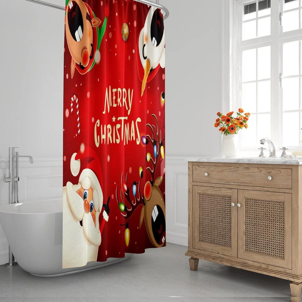 Christmas Snowman Shower Curtain for Bathroom, Funny Cartoon Santa Claus Elf Reindeer Polyester Red Fabric Shower Curtain