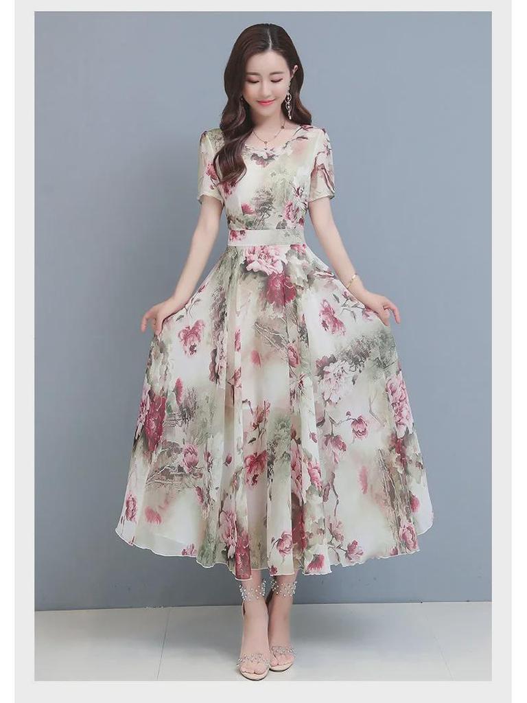 2023 Women's Elegant Floral Summer Dress - Slim, Short Sleeve, Long Beach Skirt