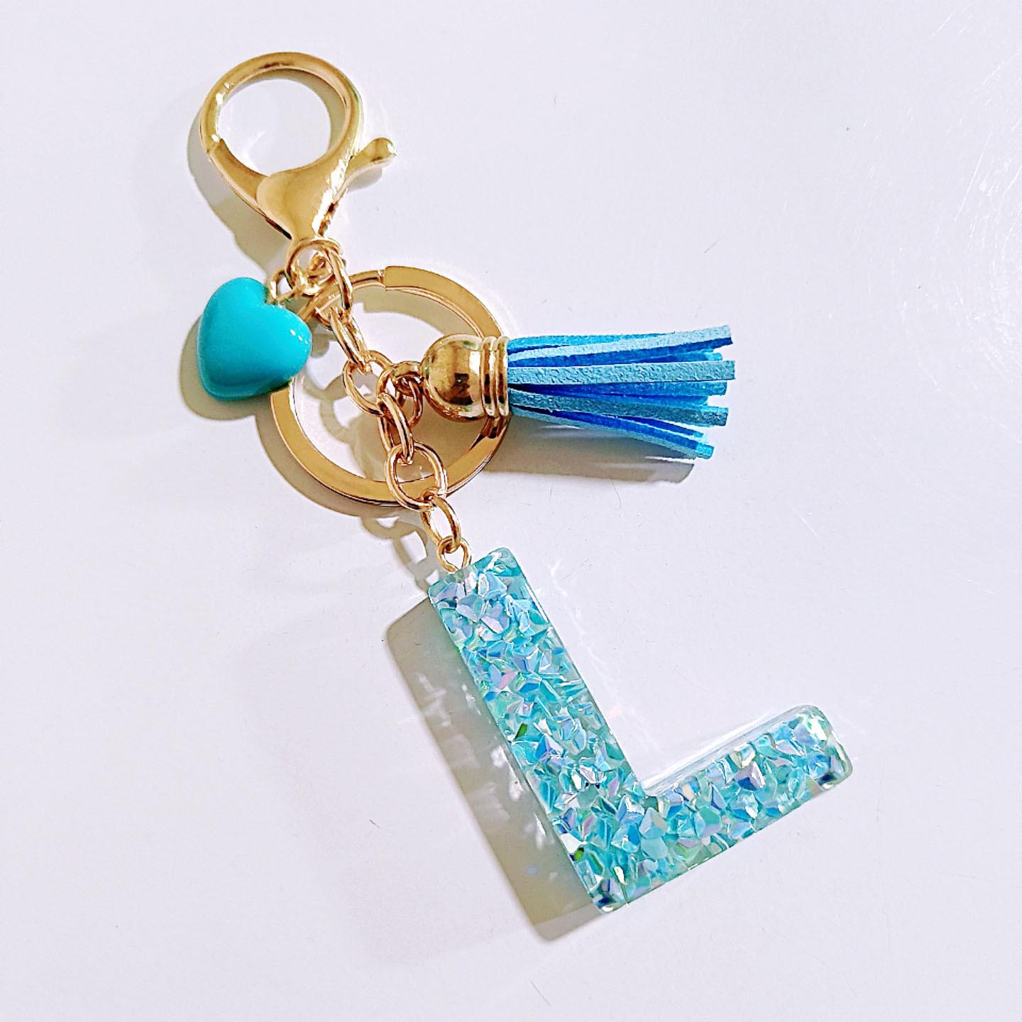 Blue Heart Resin Letter Tassel Keychain - Cute Ins Style Bag Charm & Car Ornament