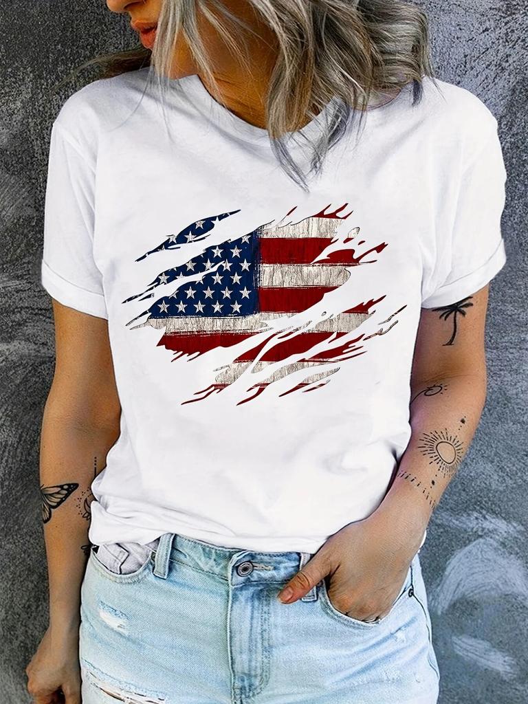 American Flag Print T-Shirt, Independence Day Short Sleeve Crew Neck Casual Top For Summer & Spring, WoUnisex Clothing Unisex