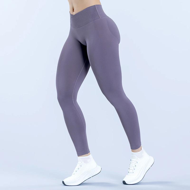 DFYNE Patchwork Crossover Waist Ruched Butt-Lifting Seamless Yoga Pants - Slimming, Low Waist, Long Leg Design