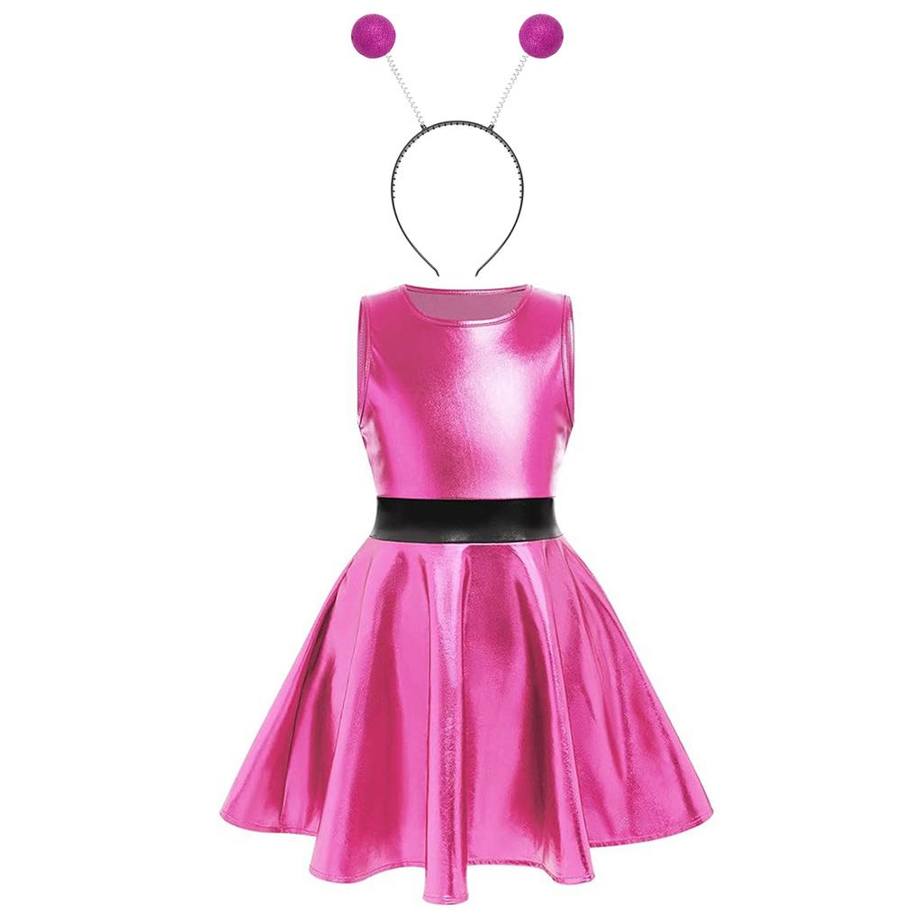 Girls Space Alien Dress Set Round Neck Sleeveless Contrast Waist Invisible Zipper Metallic Dress Hair Hoop