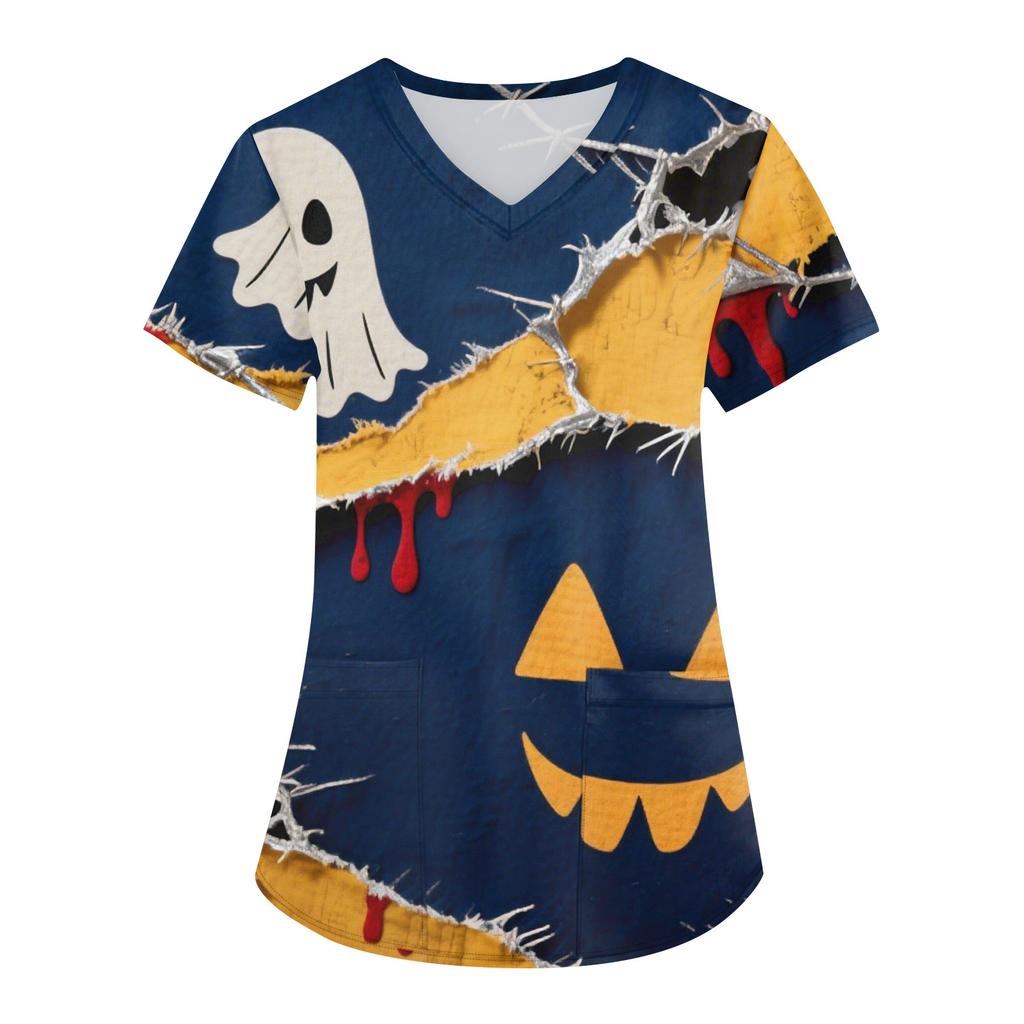 Women's Printing Uniform Work Uniform V-neck Pockets Basic Short Sleeve Pullover Top