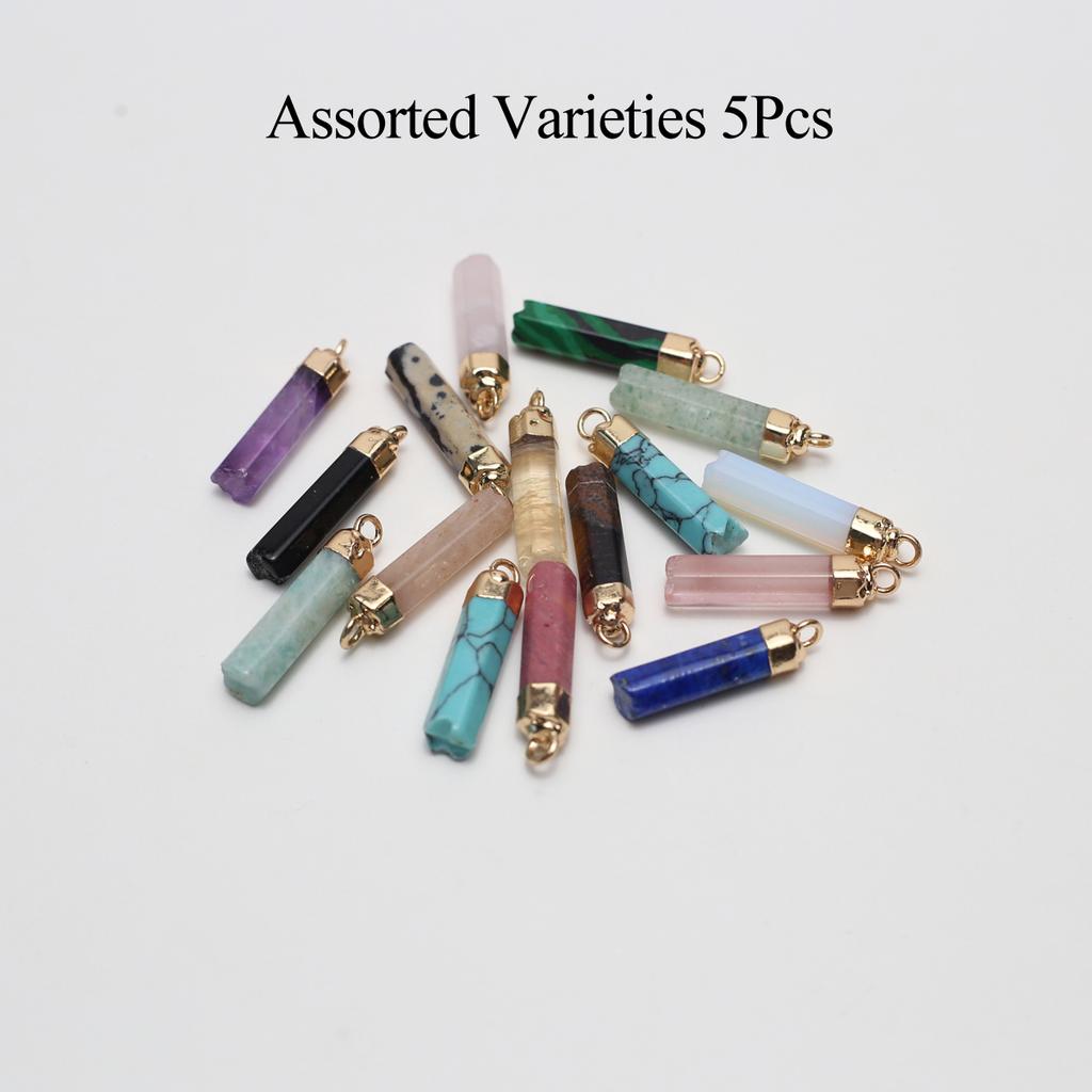 5Pcs, Healing Natural Stone Crystal Pendant, Geometric Style Handcrafted Hexagonal Cylindrical Charms, for DIY Necklace Accessories, Jewelry Making