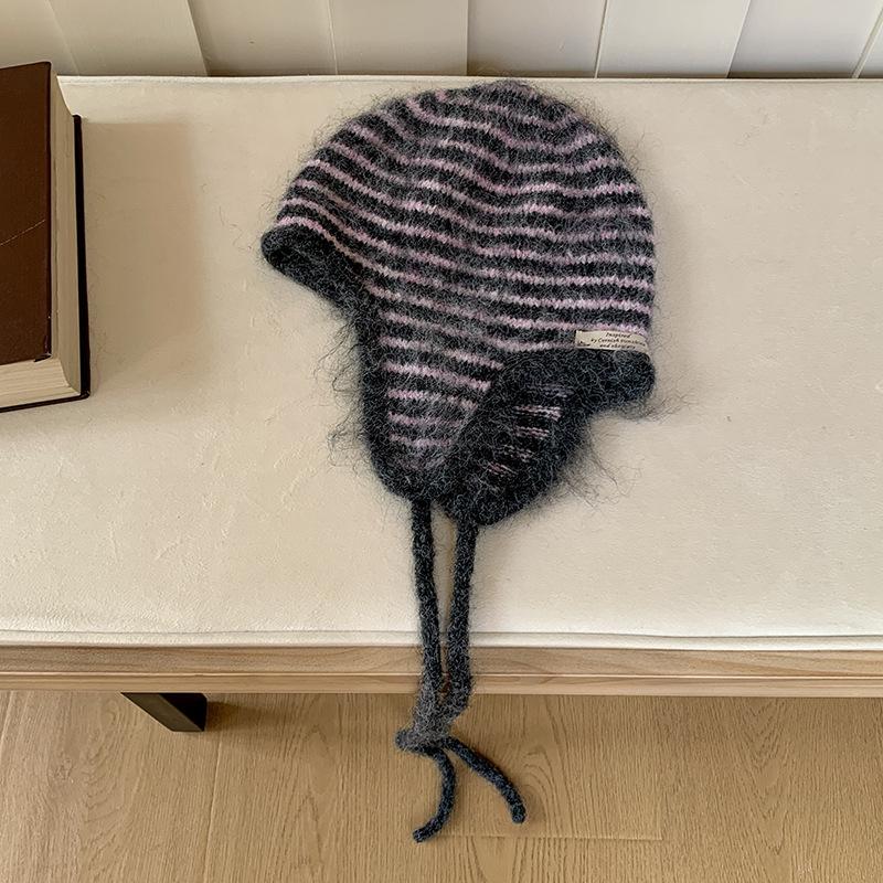 Women Winter Hat 100% Wool Knitted Black White Striped Beanie Baggy Cap Warm Windproof Outdoor Ski Balaclava Casual New