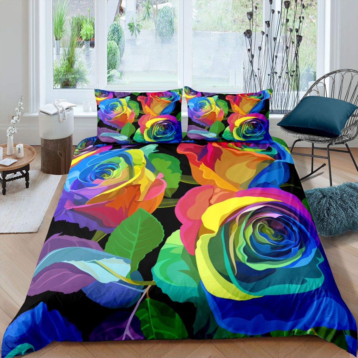 

Blue Rose King Queen Bedding Set Romantic Floral Duvet Cover Abstract Water Ripples Flower Comforter Cover Polyester Quilt Cover 140x210cm 2pcs