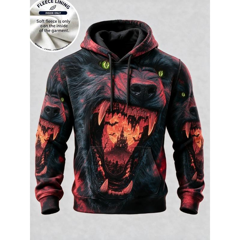 3D Print Halloween Fleece Hoodie Haunted House Ghost Pumpkin Bat Lightning Full Print Pullover Long Sleeve Sweatshirt