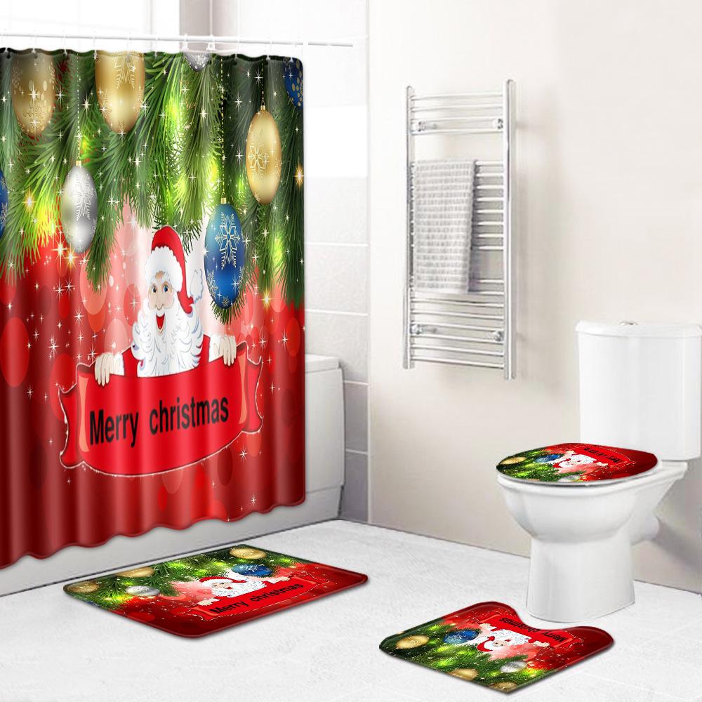 Christmas Shower Curtain Floor Mat Combination Four-Piece Set Bathroom Toilet Carpet Shower Room Mat Foot Mat