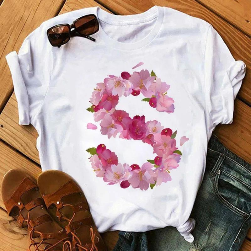 

26 Letters Print T-Shirt Alphabet with Pink Flower Harajuku White Graphic Tee Casual Short Sleeve Lady Y2k Tops Women s Clothing S