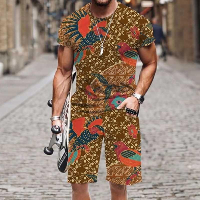 Summer Fashion Casual Men's Suit Vintage Pattern 3D Printed Sportswear Short-sleeved Suit Oversized Round Neck T-shirt Shorts 2-piece