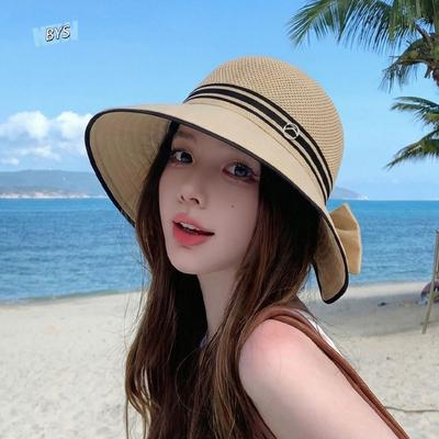Sweet Large Bow Women Sun Hat Wide Brim Weave Straw Hat Sun Protection Breathable Sunscreen Bucket Hat Beach