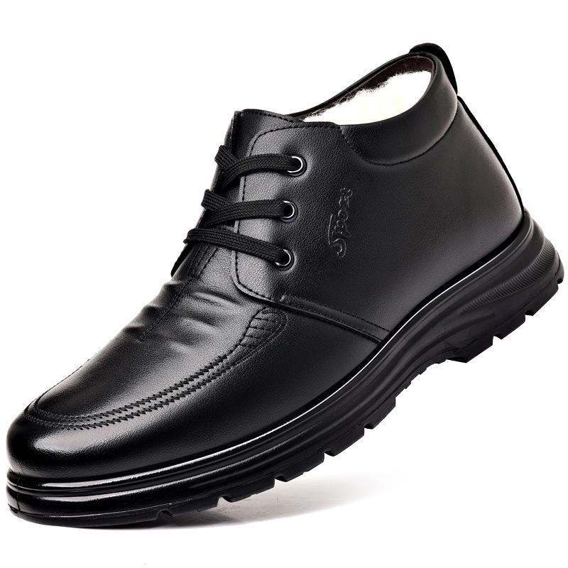 Dad shoes, leather shoes, winter velvet, medium-top lace-up boots, middle-aged and elderly cotton shoes, warm men's shoes