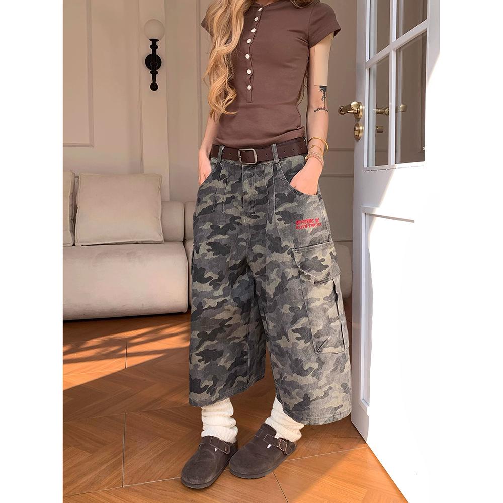 Women's 2025 Retro Camouflage Pocket Cargo Wide-Leg Cropped Jeans - Slimming, Floor-Length, Loose Summer Fit