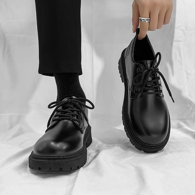 

Fashion Mens Casual Shoes Business Leather Men Luxury British Style Loafers Thick Sole Flats British Casual Lace Up Single Leather Shoes 44 чёрный