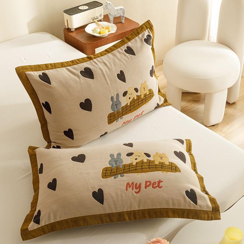 4-Layer Cotton Gauze Pillowcase Set With Cartoon Button Breathable Hotel-Grade Pillow Covers 48x74cm Pair