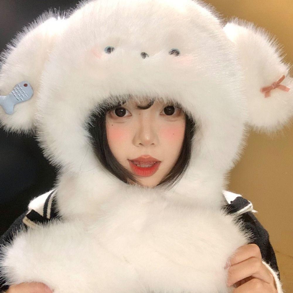 Cute Dog Hooded Scarf Cartoon Winter Warm Hat Fashion Plush Earmuffs Cap  Autumn and Winter