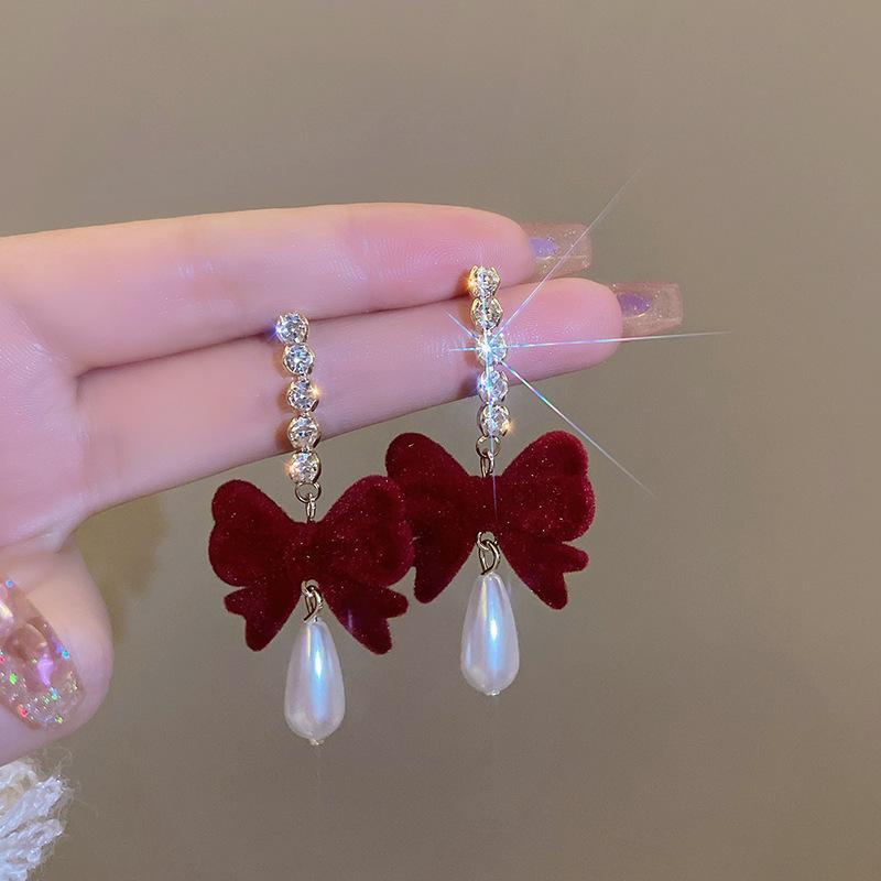 Elegant Red Flocked Bow Pearl Earrings for Women - Trendy New Year Style