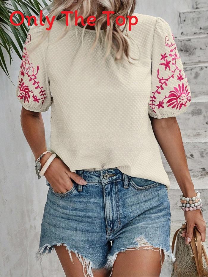 Elegante Blusa Ricamata Floreale con Maniche a Bolla per Abbigliamento Casual Primaverile