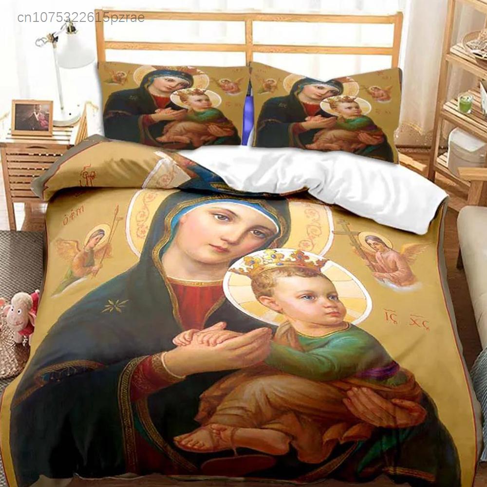Tema Gesù Vergine Maria Set Biancheria da Letto per Bambini Camera da Letto Copripiumino Set per Letto per Bambini Poliestere Set Copripiumino con Federa