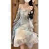 Spring New Super Fairy Forest Temperament Gray-blue Smudged Fairy Butterfly Bronzing Lotus Leaf Edge Long-sleeved Dress