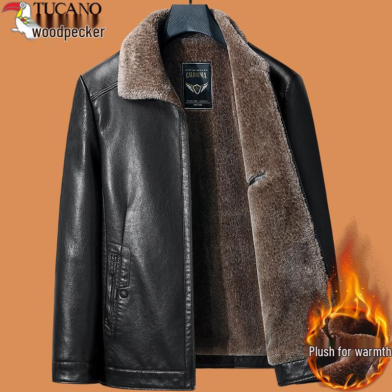 

Woodpecker 2025 Men s Thickened Velvet Leather Jacket for Middle-Aged & Elderly - Winter Dad Outerwear XXL (for 135–150 lbs)