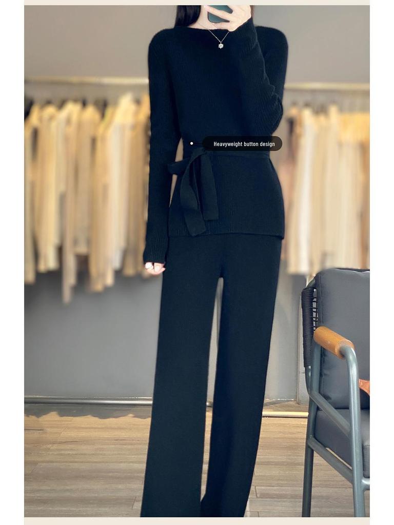 Chic Autumn/Winter Cashmere Two-Piece Set: Women's Loose Knit Sweater & Wide-Leg Tie-Waist Pants