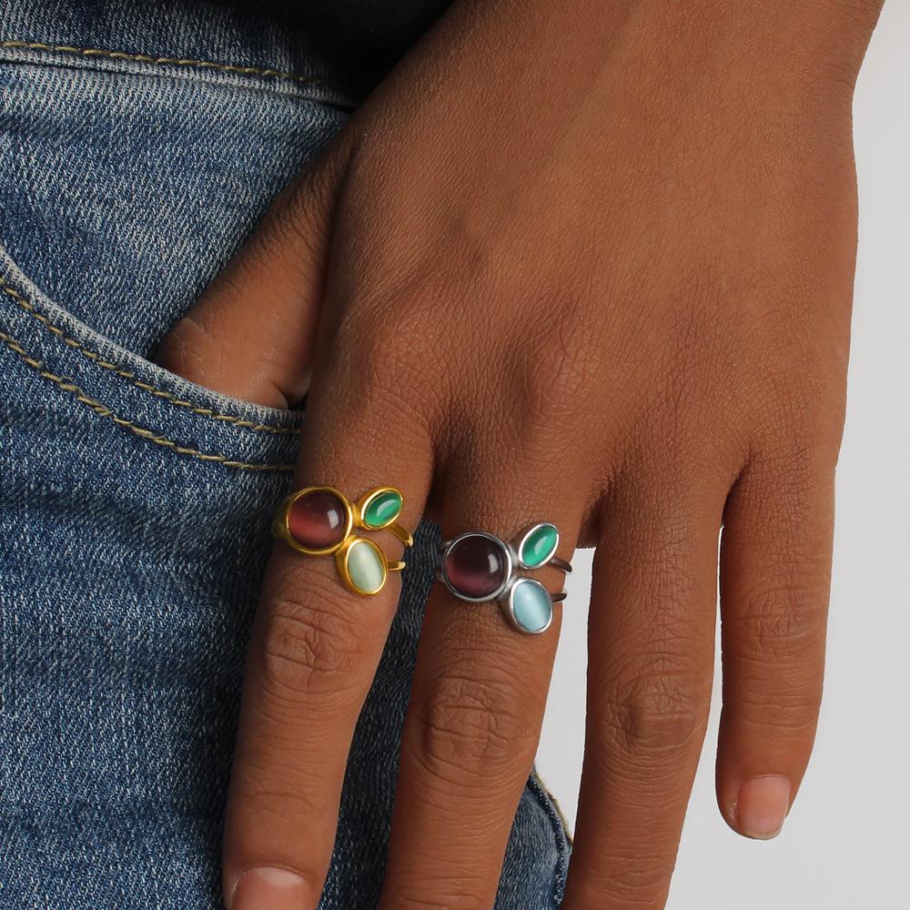 18K Gold Plated Stainless Steel Open Ring with Natural Stone