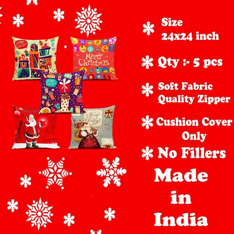 Soft Fabric Designer Decorative Printed Merry Christmas Theme Cushion Cover Xmas Decorations for Sofa Living Room Set of 5 24 x 24 inch Multi