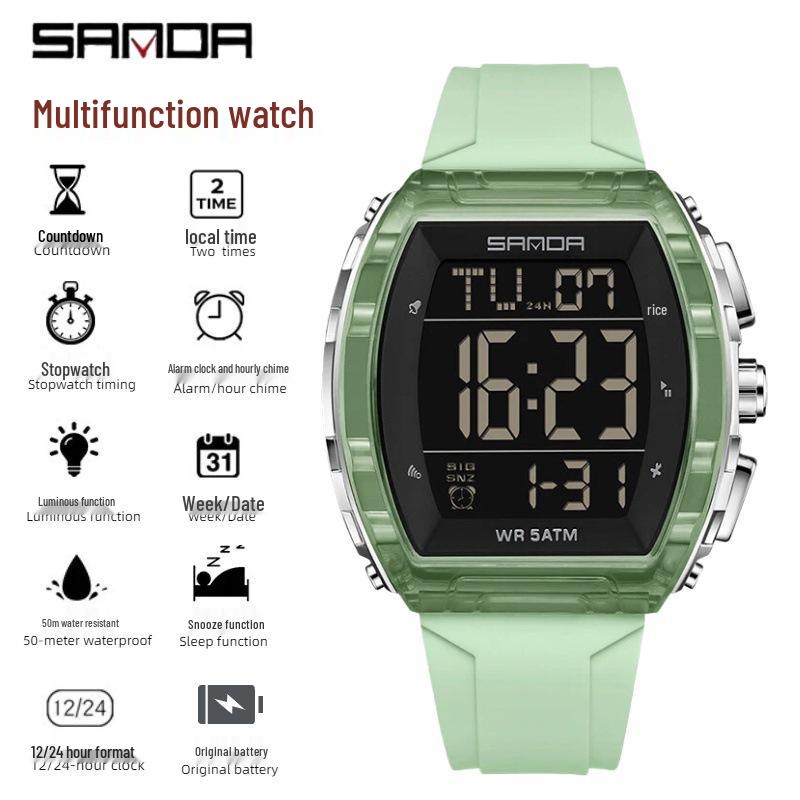 SANDA Men's Multifunctional Dual Time Waterproof Sport Watch - Fashion Tonneau Shape with Snooze Feature